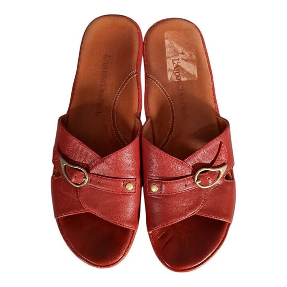 L'Amour Des Pieds Cheyne Slide Wedge Sandal Shoe Red Leather Gold Women's 8.5 M - Picture 4 of 10